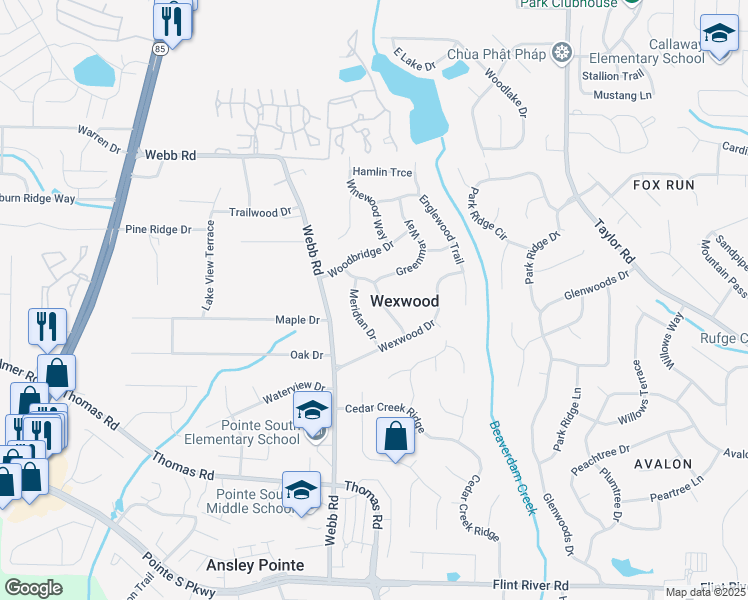 map of restaurants, bars, coffee shops, grocery stores, and more near 8283 Brittany Lane in Riverdale