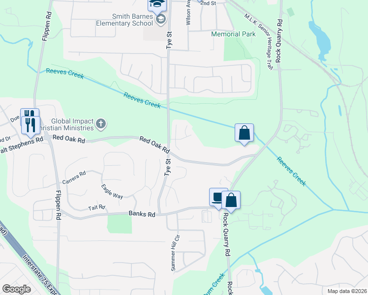 map of restaurants, bars, coffee shops, grocery stores, and more near 545 Red Oak Road in Stockbridge