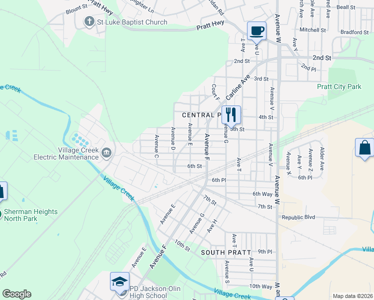 map of restaurants, bars, coffee shops, grocery stores, and more near 409 5th Place Pratt in Birmingham