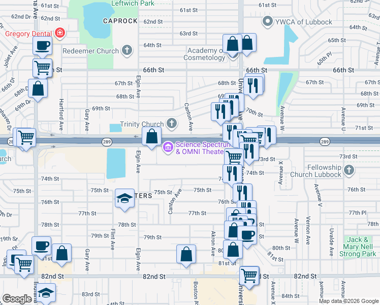 map of restaurants, bars, coffee shops, grocery stores, and more near 2551 South Loop 289 in Lubbock