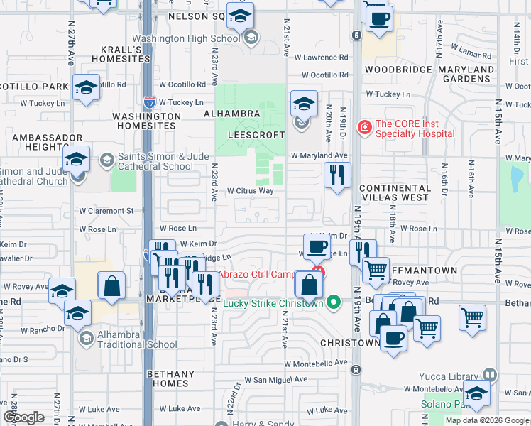 map of restaurants, bars, coffee shops, grocery stores, and more near 2118 West Claremont Street in Phoenix
