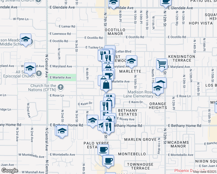 map of restaurants, bars, coffee shops, grocery stores, and more near 6224 North 7th Street in Phoenix