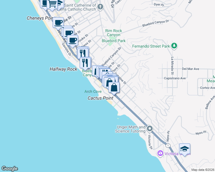 map of restaurants, bars, coffee shops, grocery stores, and more near South Coast Highway in Laguna Beach