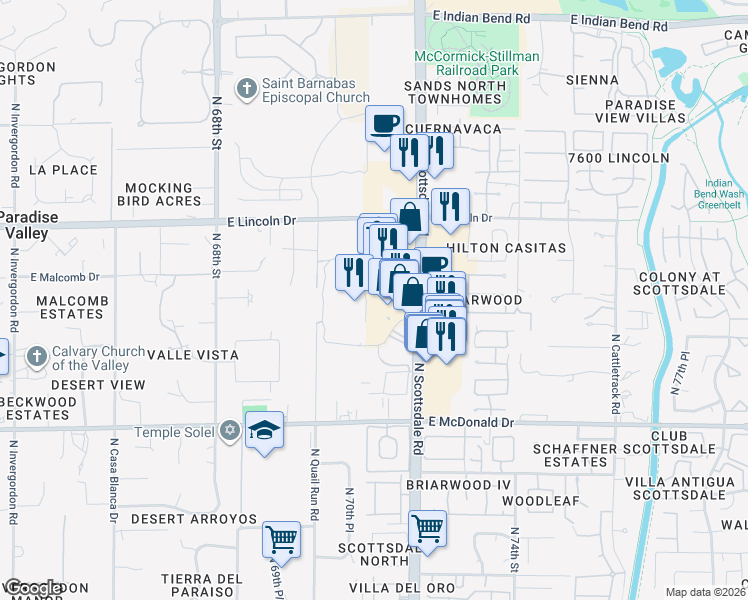 map of restaurants, bars, coffee shops, grocery stores, and more near 6166 North Scottsdale Road in Scottsdale