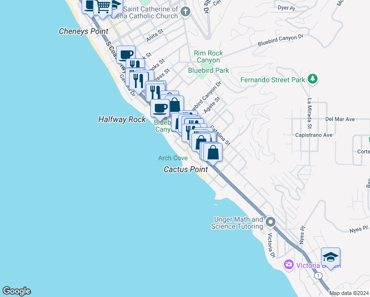 map of restaurants, bars, coffee shops, grocery stores, and more near 154 Pearl Street in Laguna Beach