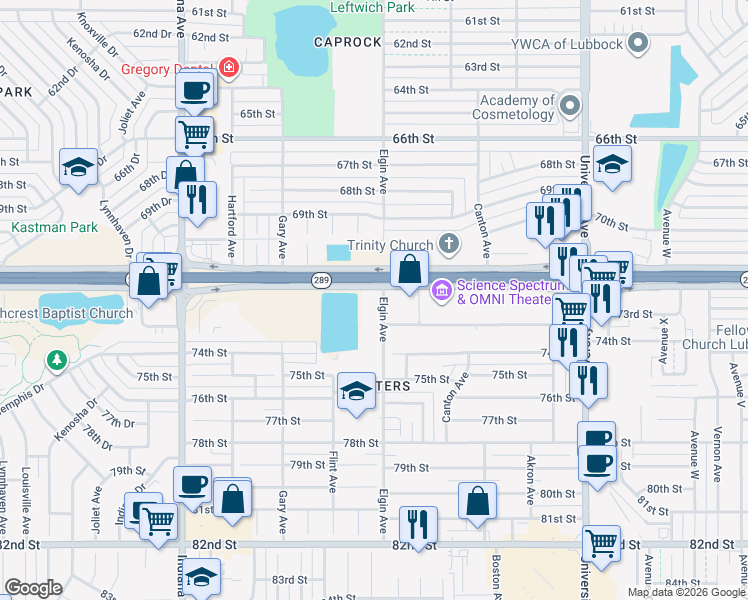 map of restaurants, bars, coffee shops, grocery stores, and more near 3001 South Loop 289 in Lubbock