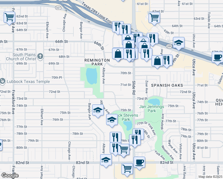 map of restaurants, bars, coffee shops, grocery stores, and more near 7203 Aberdeen Avenue in Lubbock