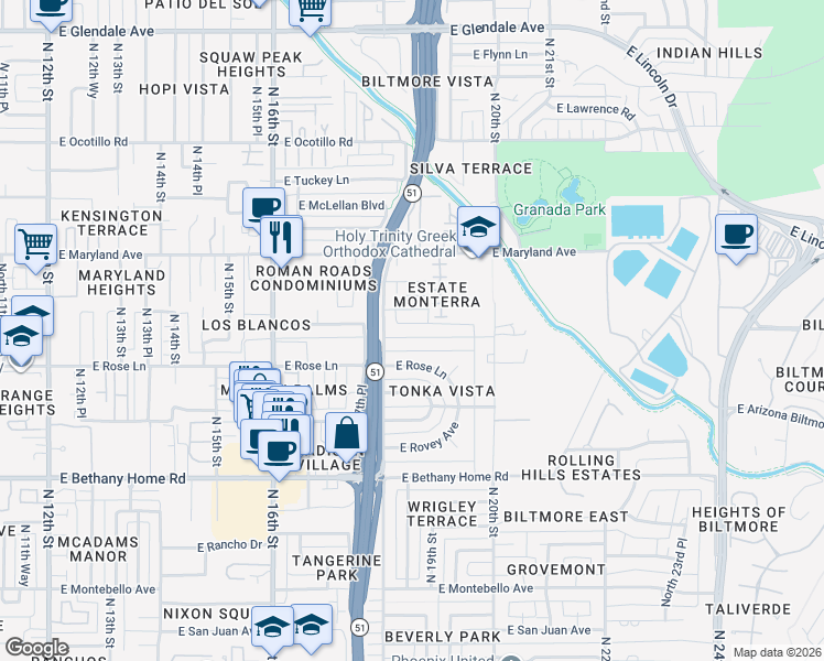 map of restaurants, bars, coffee shops, grocery stores, and more near 1811 East Claremont Street in Phoenix