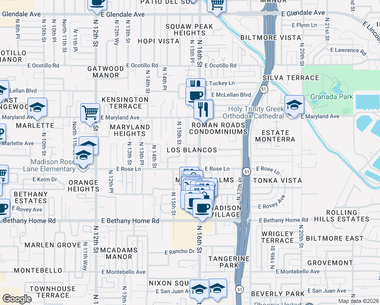 map of restaurants, bars, coffee shops, grocery stores, and more near 6202 North 16th Street in Phoenix