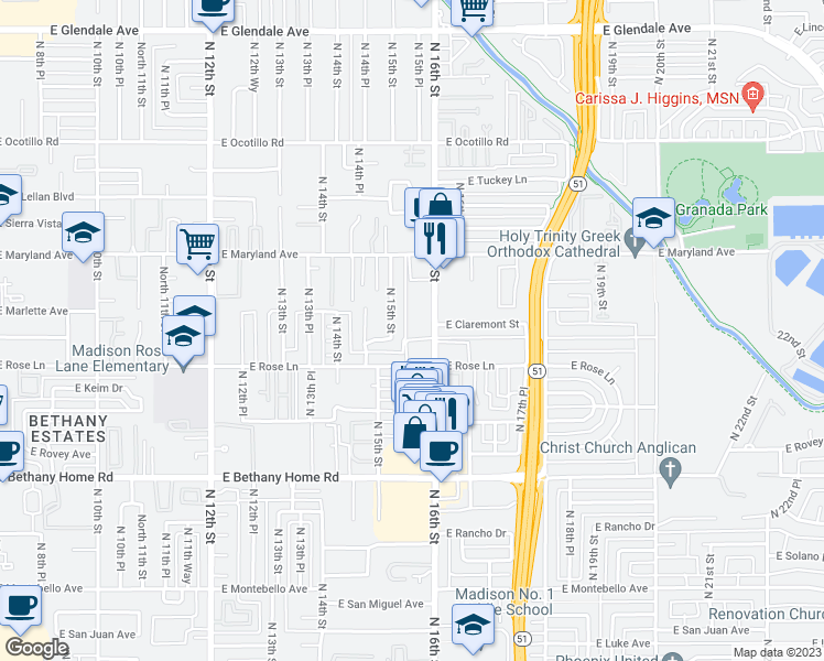 map of restaurants, bars, coffee shops, grocery stores, and more near 6202 North 16th Street in Phoenix
