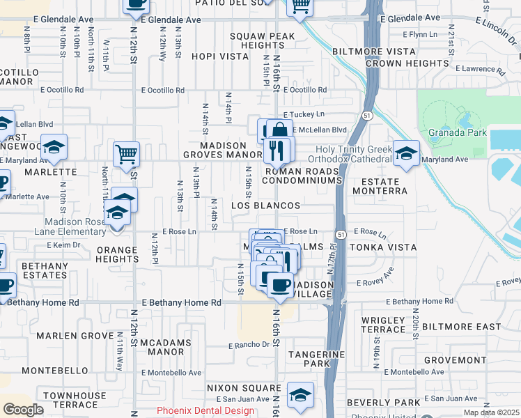 map of restaurants, bars, coffee shops, grocery stores, and more near 6202 North 16th Street in Phoenix
