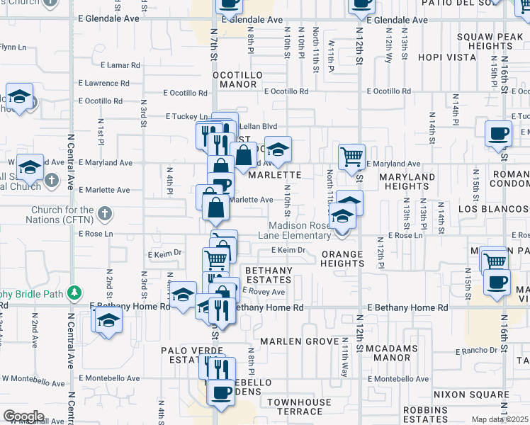 map of restaurants, bars, coffee shops, grocery stores, and more near 907 East Claremont Street in Phoenix