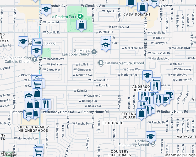 map of restaurants, bars, coffee shops, grocery stores, and more near 3807 West Claremont Street in Phoenix