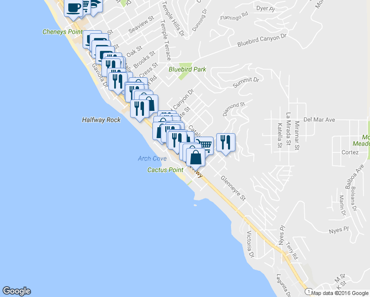 map of restaurants, bars, coffee shops, grocery stores, and more near 260 Diamond Street in Laguna Beach