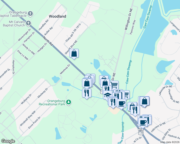 map of restaurants, bars, coffee shops, grocery stores, and more near 2926 North Road in Orangeburg
