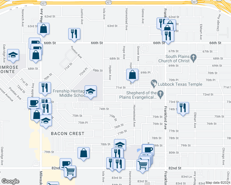 map of restaurants, bars, coffee shops, grocery stores, and more near 6026 72nd Street in Lubbock