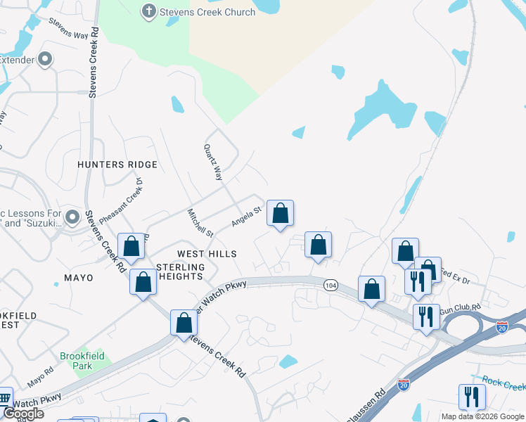 map of restaurants, bars, coffee shops, grocery stores, and more near 3044 Angela Street in Augusta