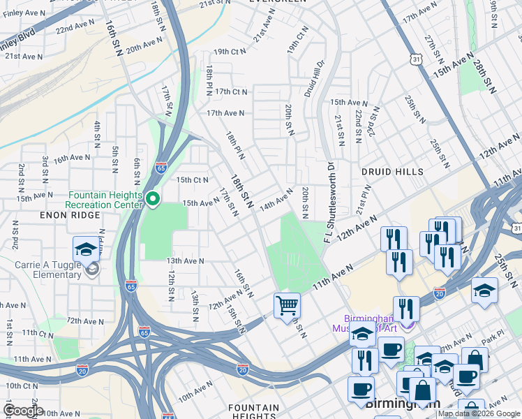 map of restaurants, bars, coffee shops, grocery stores, and more near 1808 13th Court North in Birmingham