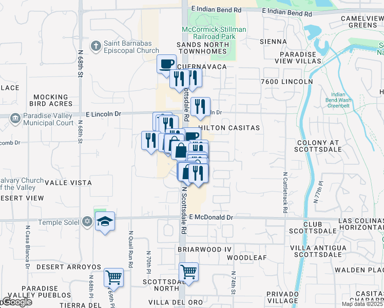 map of restaurants, bars, coffee shops, grocery stores, and more near 6263 North Scottsdale Road in Scottsdale