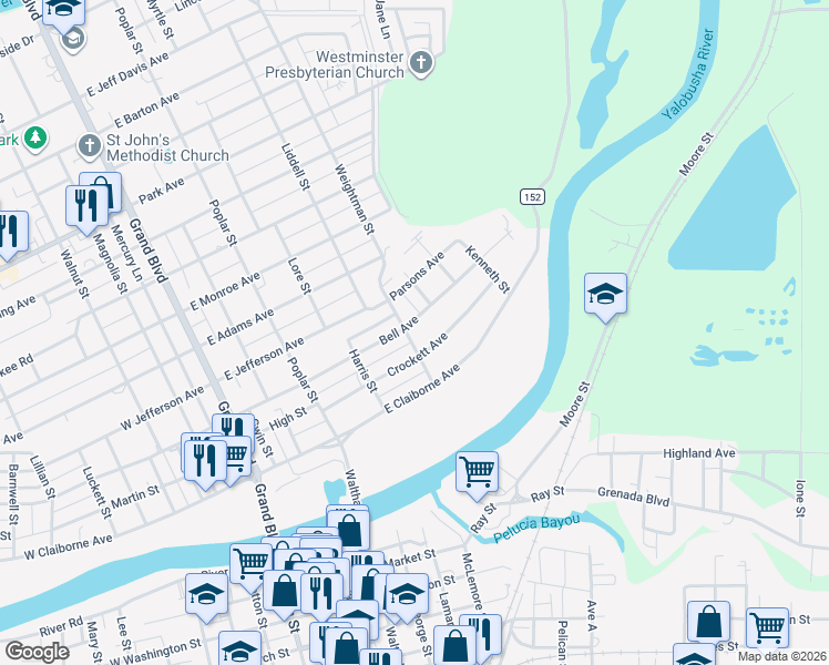 map of restaurants, bars, coffee shops, grocery stores, and more near 601 Crockett Avenue in Greenwood
