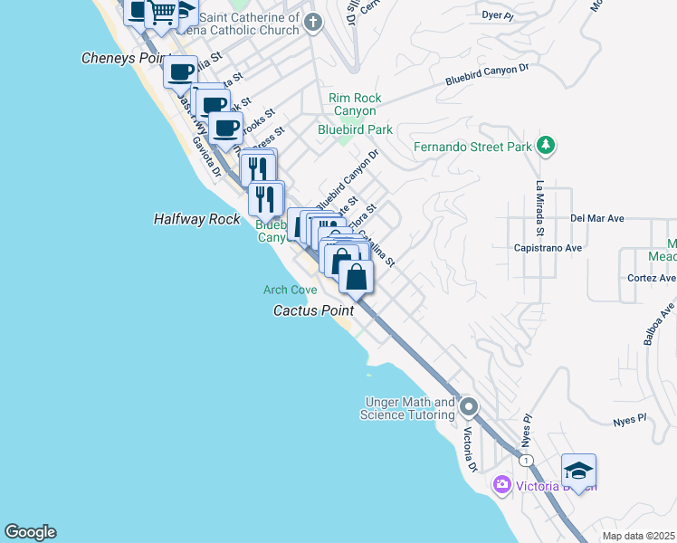 map of restaurants, bars, coffee shops, grocery stores, and more near 1873 South Coast Highway in Laguna Beach