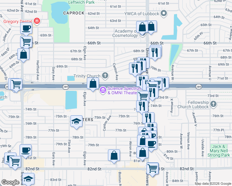map of restaurants, bars, coffee shops, grocery stores, and more near 2551 South Loop 289 in Lubbock