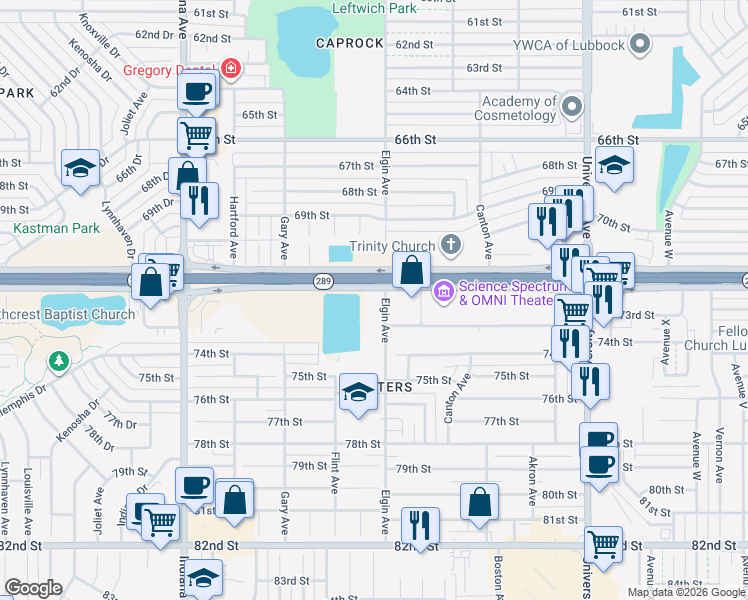 map of restaurants, bars, coffee shops, grocery stores, and more near 3001 South Loop 289 in Lubbock