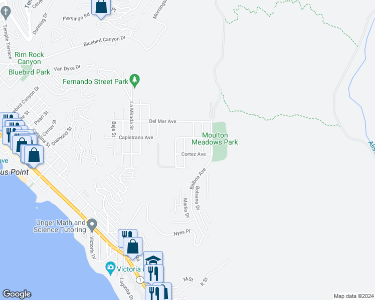 map of restaurants, bars, coffee shops, grocery stores, and more near 922 Acapulco Street in Laguna Beach