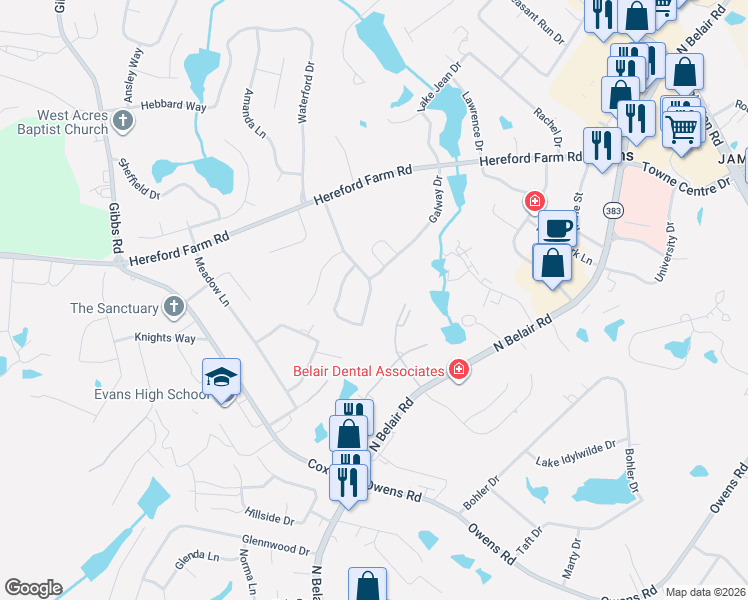 map of restaurants, bars, coffee shops, grocery stores, and more near 436 Connemara Trail in Evans