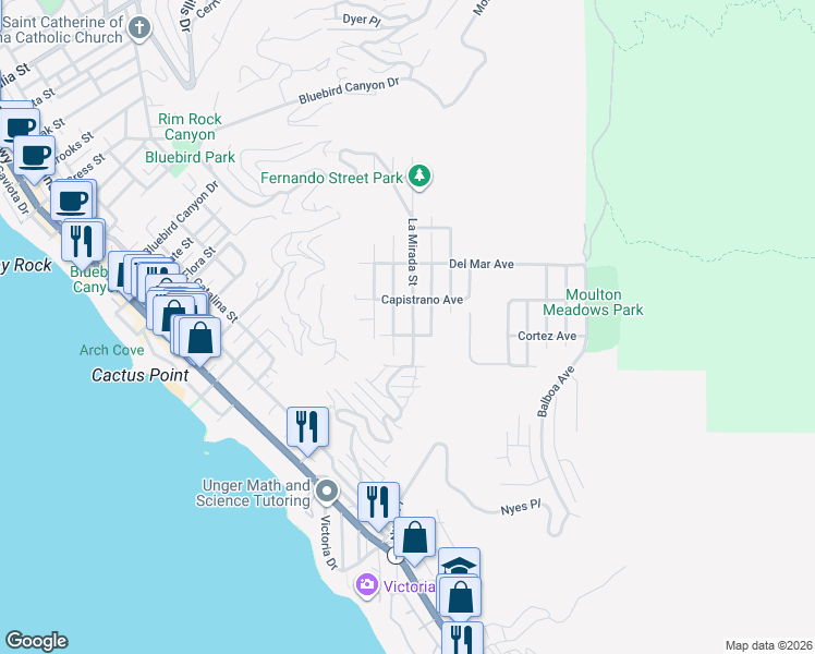 map of restaurants, bars, coffee shops, grocery stores, and more near 923 La Mirada Street in Laguna Beach