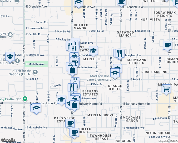 map of restaurants, bars, coffee shops, grocery stores, and more near 907 East Claremont Street in Phoenix