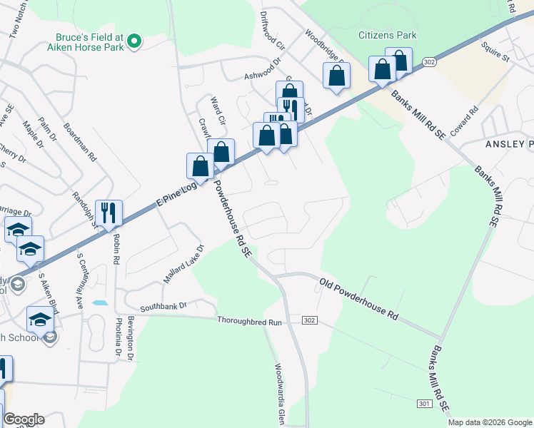 map of restaurants, bars, coffee shops, grocery stores, and more near 169 Kirkwood Drive in Aiken