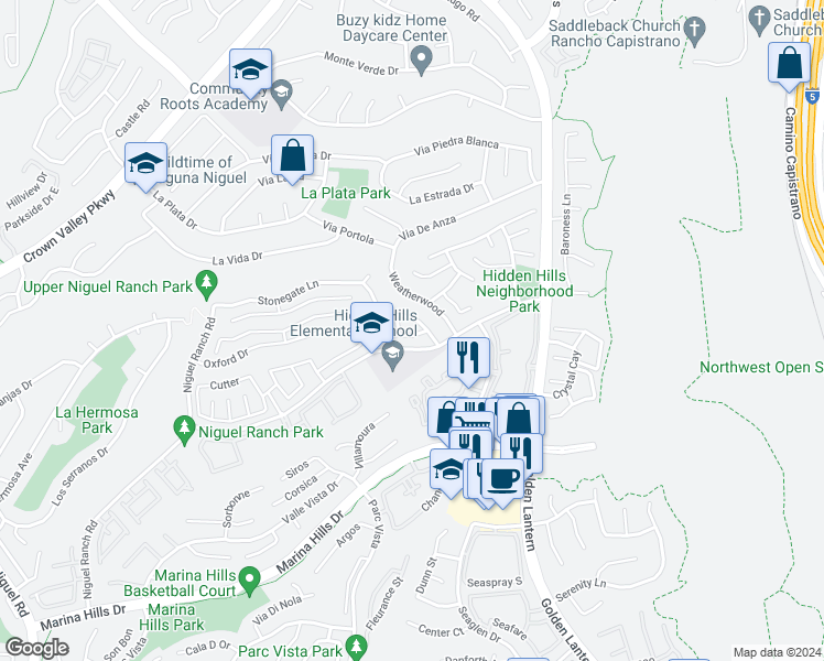 map of restaurants, bars, coffee shops, grocery stores, and more near 15 Vittoria Street in Laguna Niguel