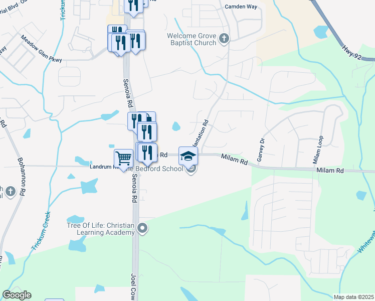 map of restaurants, bars, coffee shops, grocery stores, and more near 5575 Milam Road in Fairburn