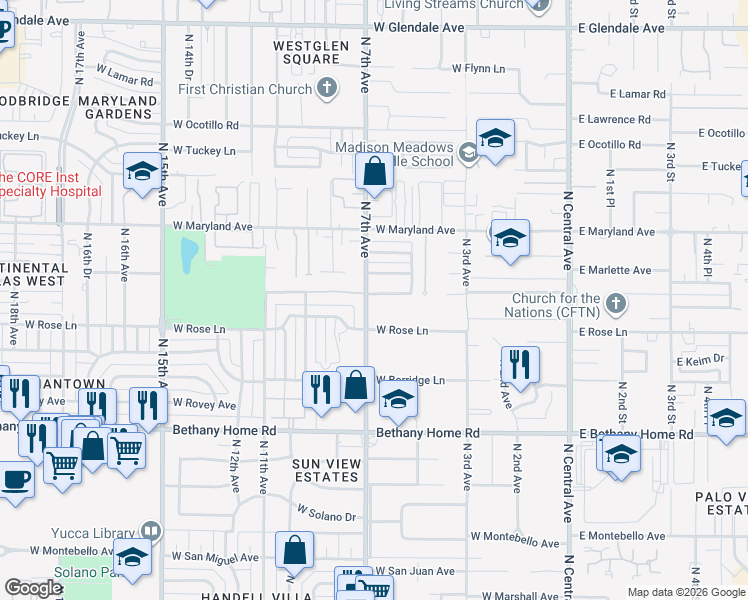 map of restaurants, bars, coffee shops, grocery stores, and more near 522 West Rose Lane in Phoenix