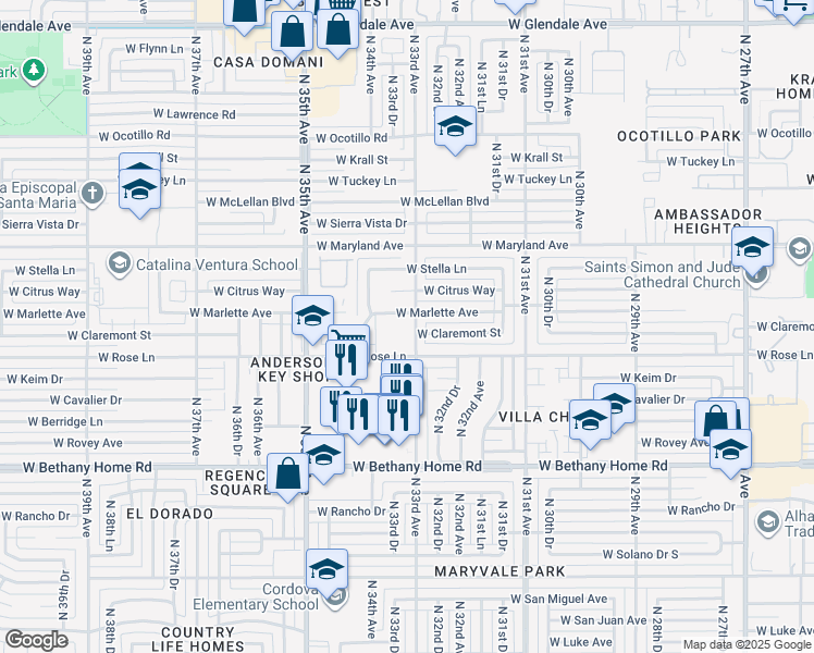 map of restaurants, bars, coffee shops, grocery stores, and more near 6230 North 33rd Avenue in Phoenix