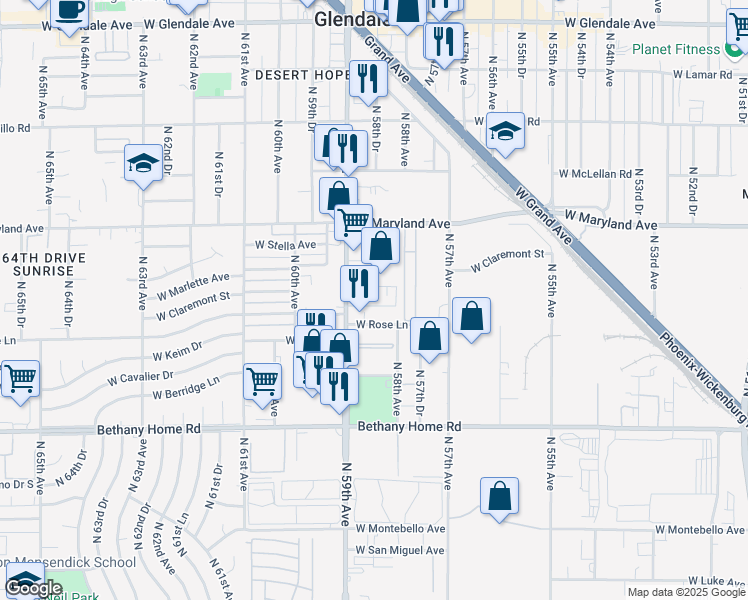 map of restaurants, bars, coffee shops, grocery stores, and more near 5828A West Rose Lane in Glendale