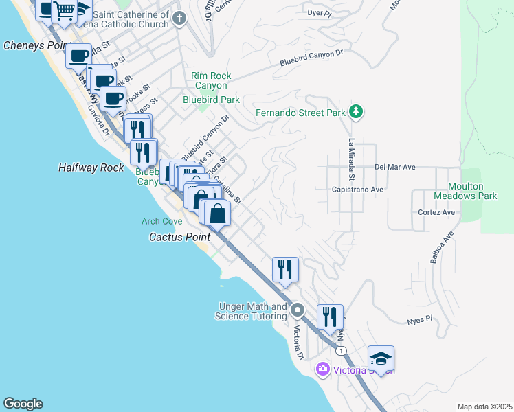 map of restaurants, bars, coffee shops, grocery stores, and more near 2145 Ruby Place in Laguna Beach