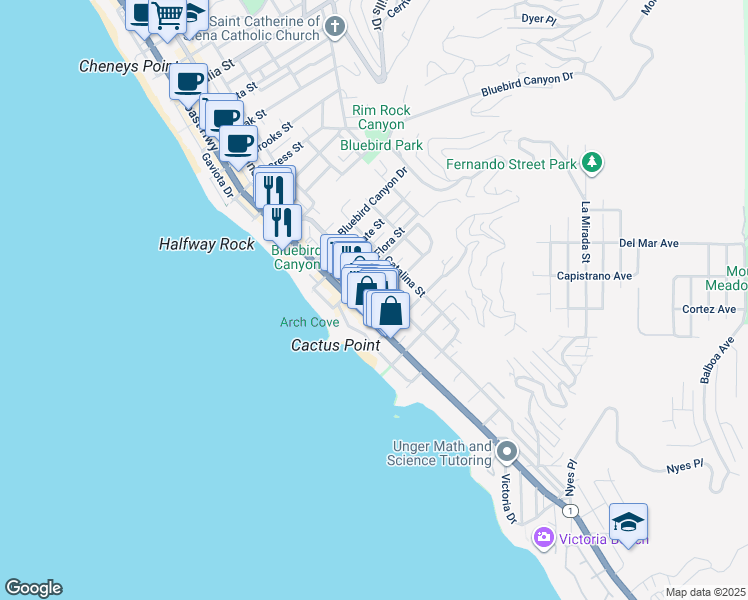 map of restaurants, bars, coffee shops, grocery stores, and more near 260 Diamond Street in Laguna Beach