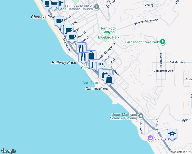 map of restaurants, bars, coffee shops, grocery stores, and more near 1791 Ocean Way in Laguna Beach