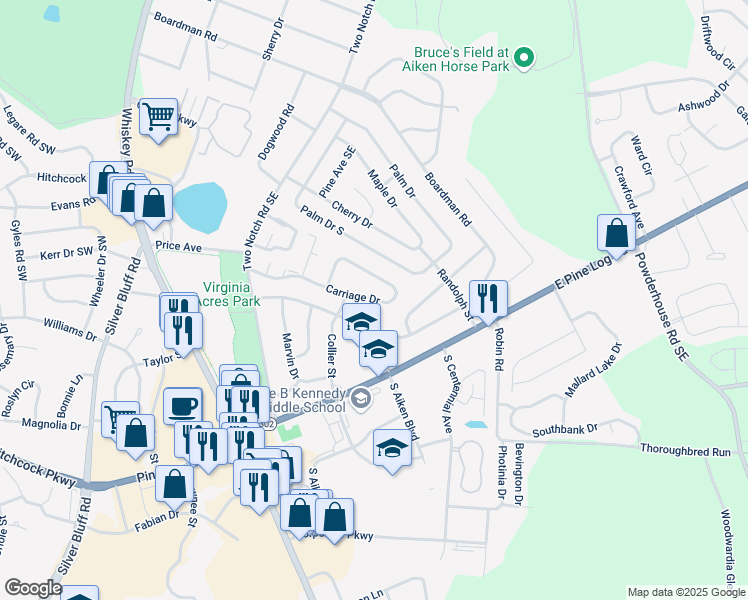 map of restaurants, bars, coffee shops, grocery stores, and more near 690 Henry Street in Aiken