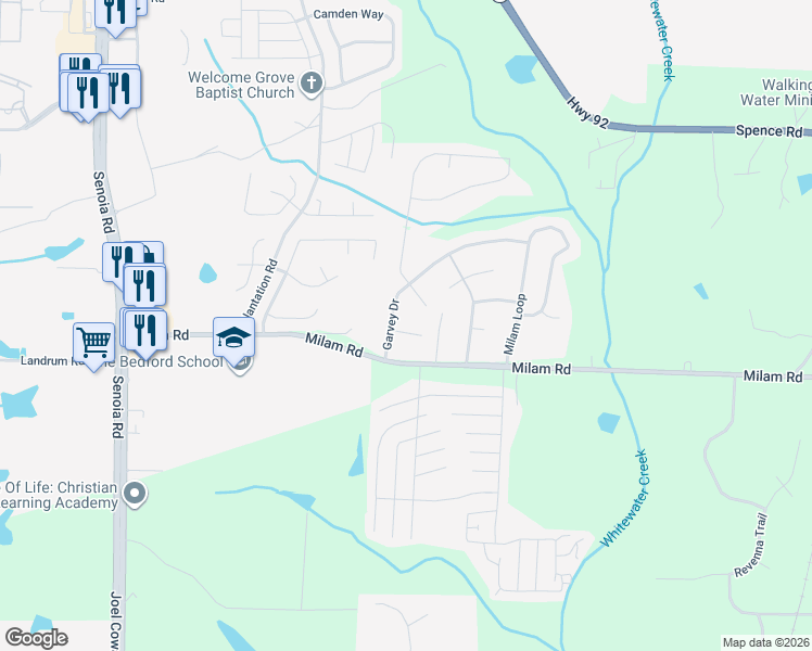 map of restaurants, bars, coffee shops, grocery stores, and more near 505 Bradley Court in Fairburn