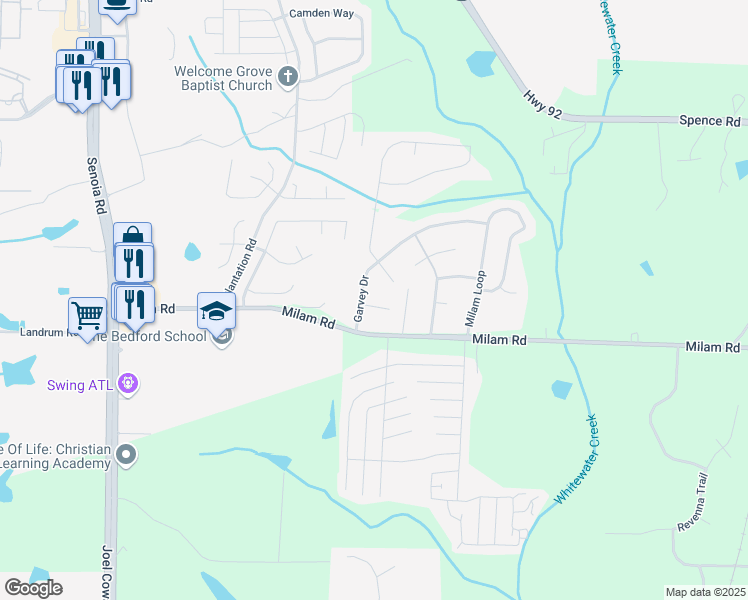 map of restaurants, bars, coffee shops, grocery stores, and more near 510 Bradley Court in Fairburn