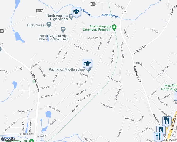 map of restaurants, bars, coffee shops, grocery stores, and more near 1804 Wells Road in North Augusta