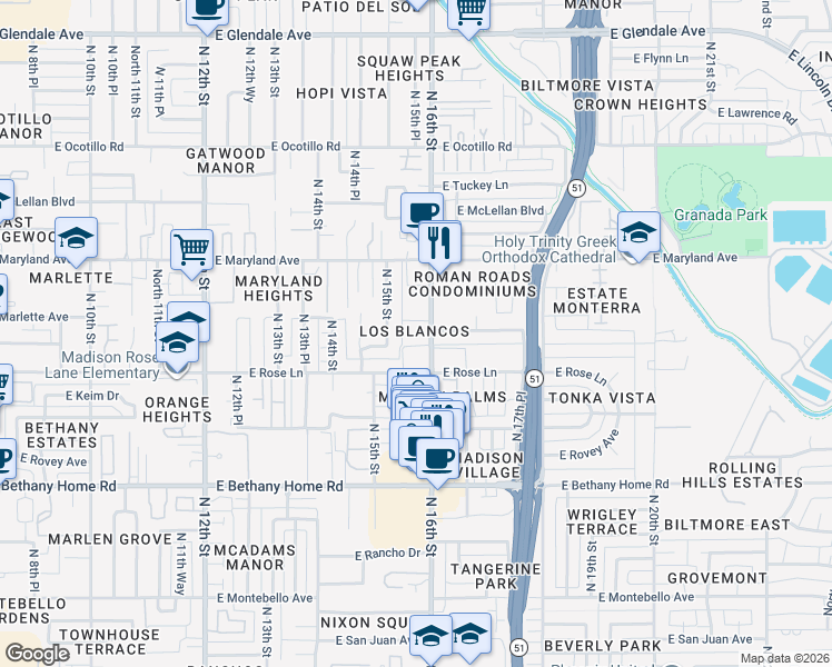 map of restaurants, bars, coffee shops, grocery stores, and more near 6236 North 16th Street in Phoenix