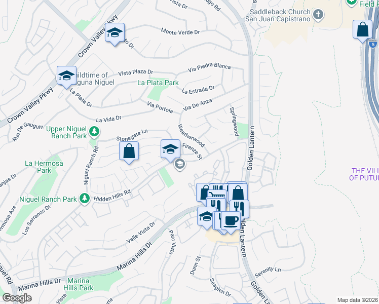 map of restaurants, bars, coffee shops, grocery stores, and more near 15 Vittoria Street in Laguna Niguel