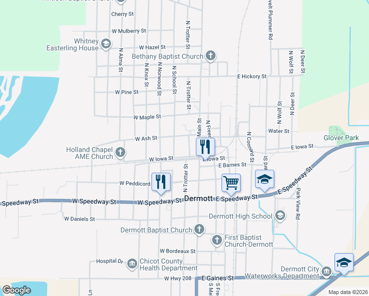map of restaurants, bars, coffee shops, grocery stores, and more near 208 North Trotter Street in Dermott