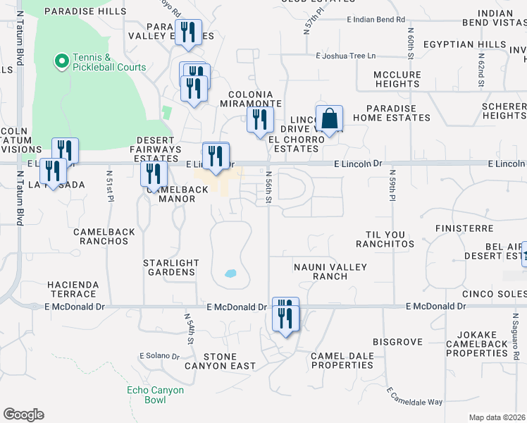 map of restaurants, bars, coffee shops, grocery stores, and more near 6108 North Las Brisas Drive in Paradise Valley