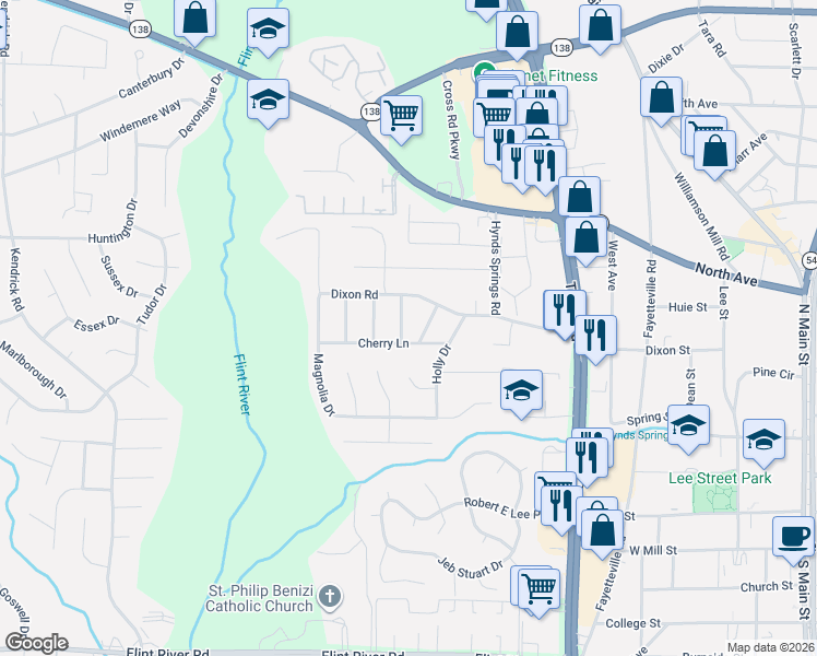 map of restaurants, bars, coffee shops, grocery stores, and more near 641 Cherry Lane in Jonesboro