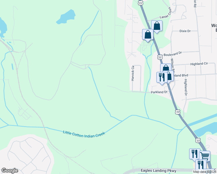 map of restaurants, bars, coffee shops, grocery stores, and more near 115 Parkland Drive in Stockbridge